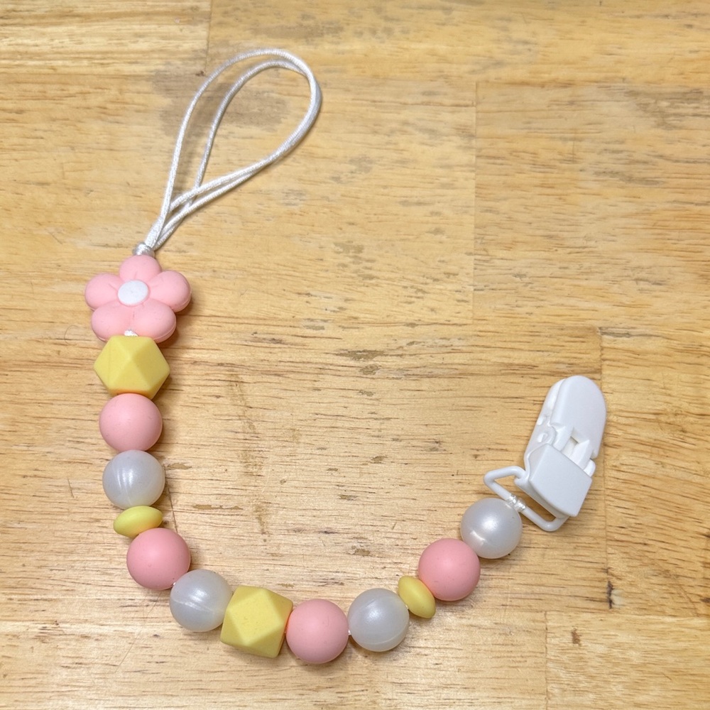 Pink and Yellow Beaded Pacifier Clip